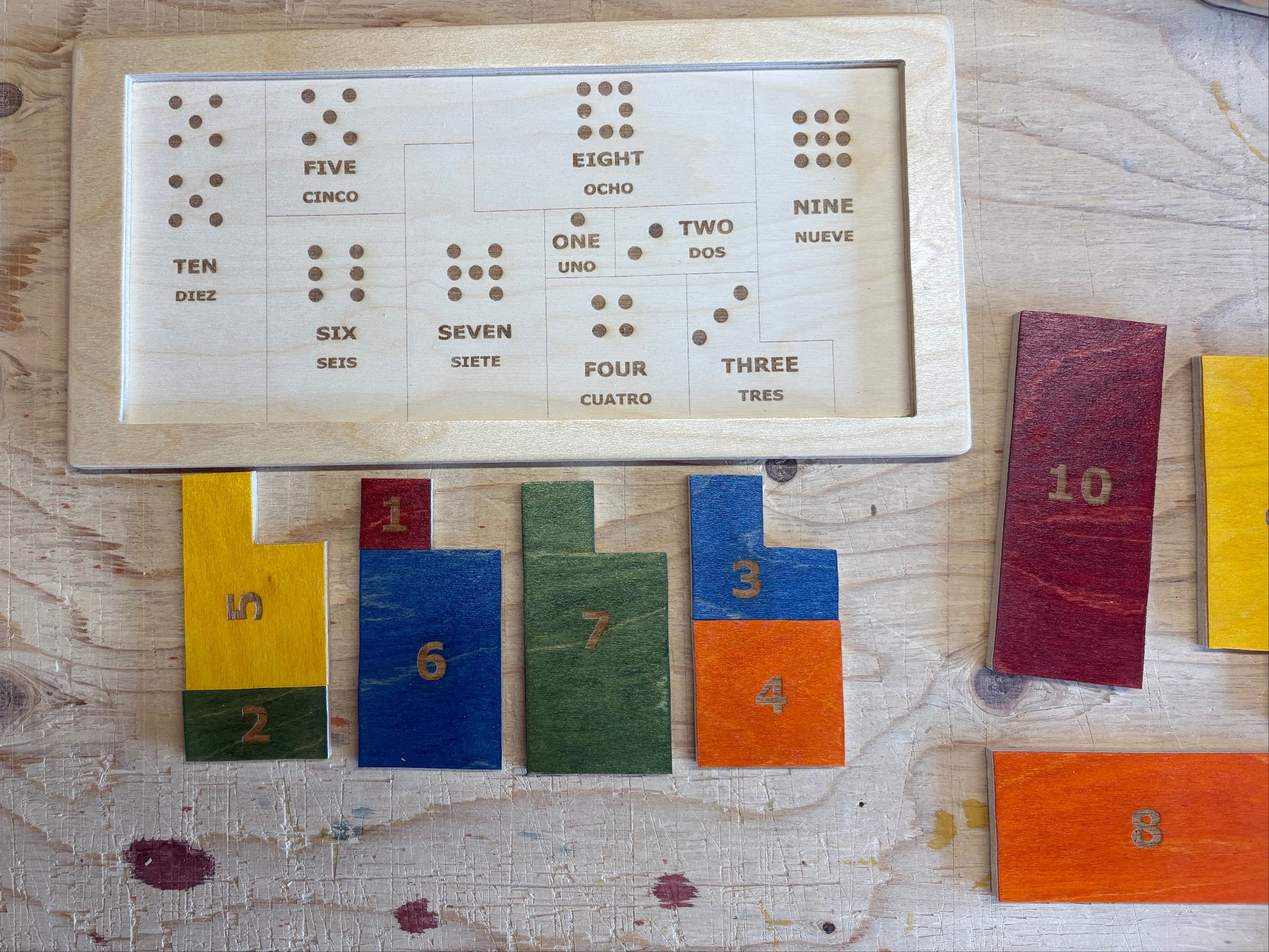 Vintage wooden with colorful number blocks on a wooden surface
