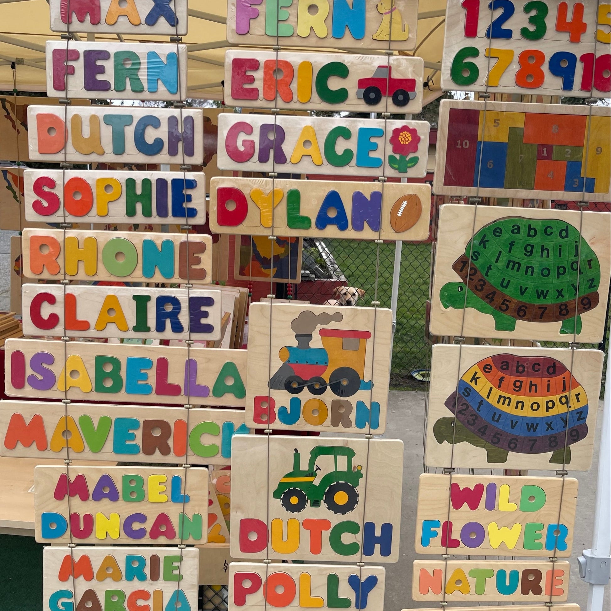 Colorful wooden puzzles with names and letters and other images